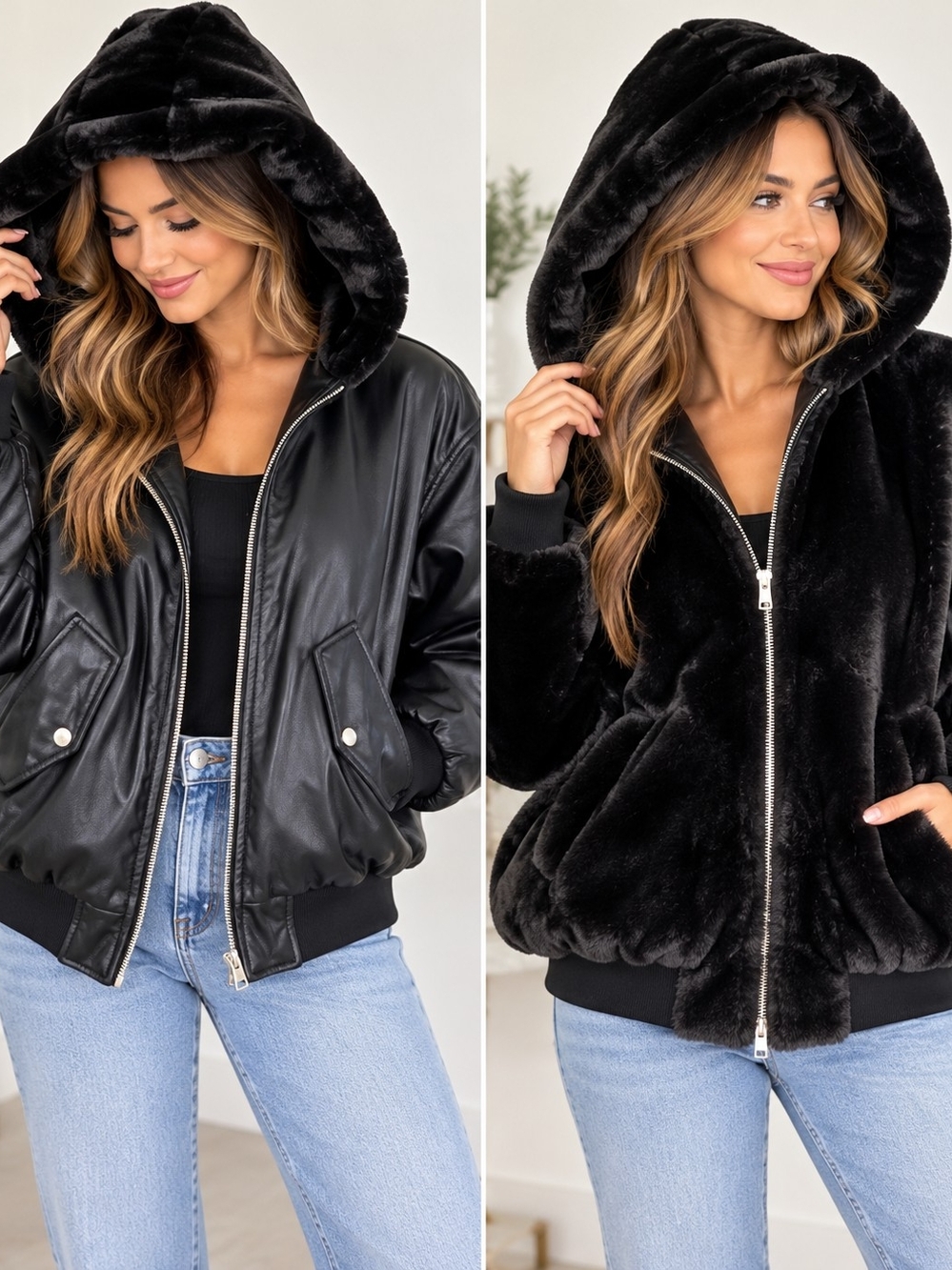 ZARA Women’s Small Reversible Faux Leather Faux Fur Hooded Bomber Jacket Black